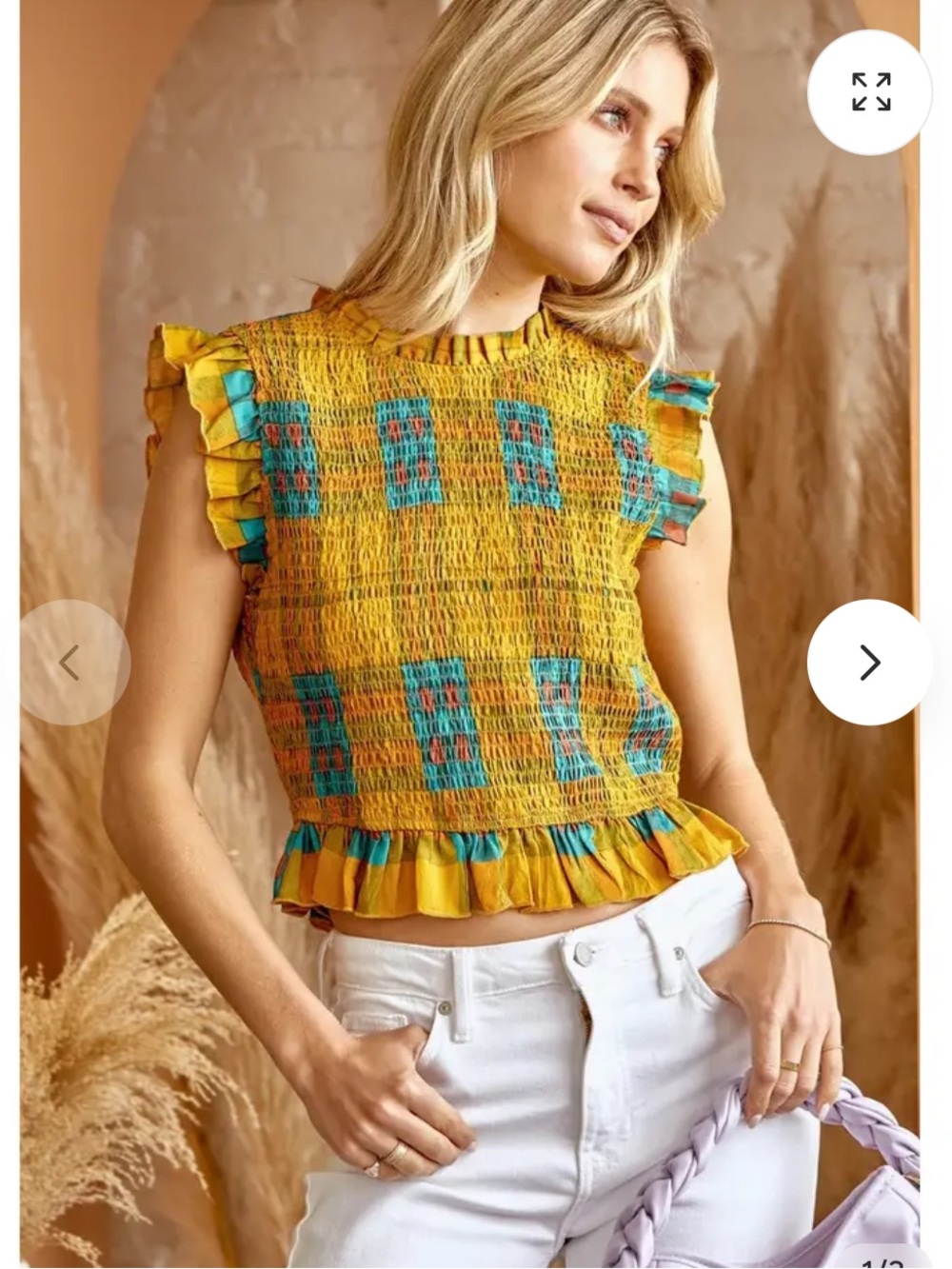 ANDREE BY UNIT Mustard Smocked Crop Top with Teal Plaid